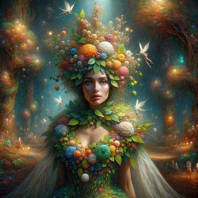 The primary subject of the image is a woman wearing a green dress with a flower crown on her head. She is standing in a forest-like setting, surrounded by trees and flowers. The visual style of the image is a digital art or illustration, with a vibrant and lush color palette that creates a sense of magic and wonder. The woman's outfit and the forest environment evoke a sense of fairy tale or fantasy, making the image both captivating and enchanting.